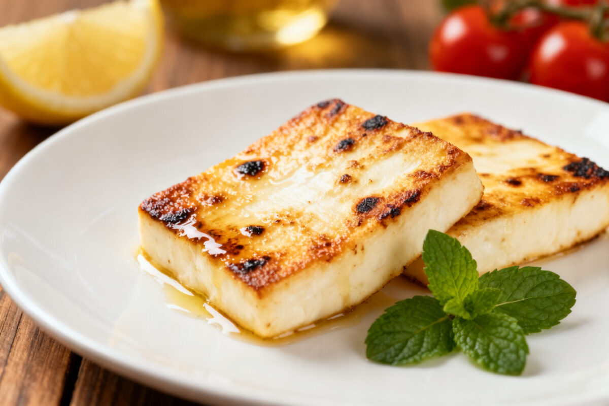 Halloumi cheese cooked in the air fryer with a crispy golden exterior, tender chewy center, light grill marks, and fresh mint garnish, served as a simple appetizer or side dish.