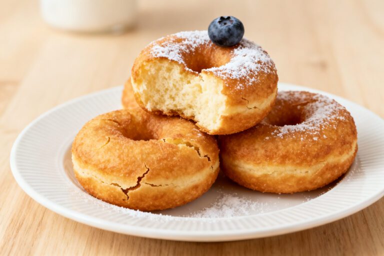High protein Greek yogurt donuts made in the air fryer with a fluffy tender texture, golden exterior, and light dusting of powdered sugar, served as a healthier protein packed sweet treat.