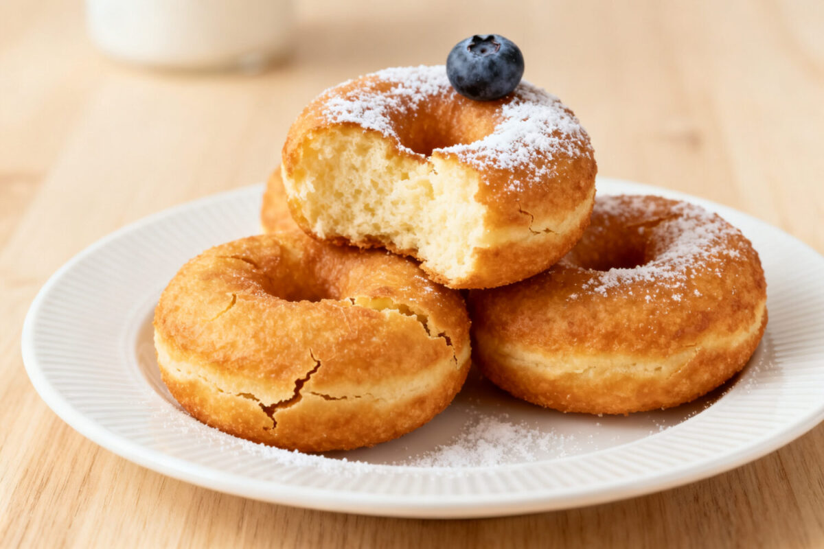 High protein Greek yogurt donuts made in the air fryer with a fluffy tender texture, golden exterior, and light dusting of powdered sugar, served as a healthier protein packed sweet treat.