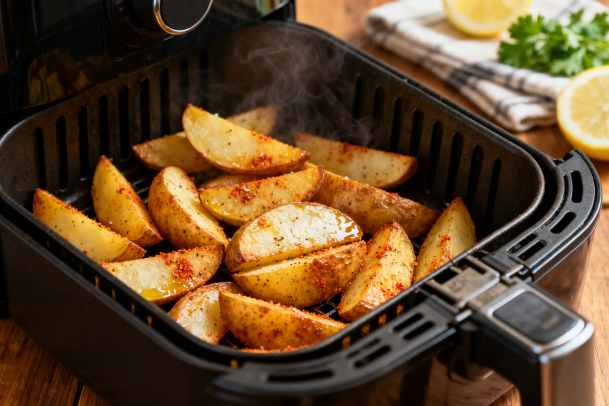 Baked potato wedges cooked in the air fryer with crispy seasoned golden edges, fluffy tender centers, and steaming hot interiors, served inside an air fryer basket as an easy side dish.