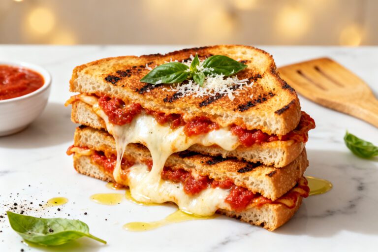 Pizza grilled cheese made in the air fryer with crispy golden toasted bread, melted mozzarella cheese, rich pizza sauce, Italian seasoning, and fresh basil, served as a cheesy comfort food sandwich.