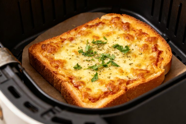 Garlic toast pizza made in the air fryer with crispy garlic bread, melted golden cheese, Italian herbs, and toasted edges, cooked inside an air fryer basket for a quick and satisfying meal.