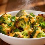 Air fryer broccoli and cheese with tender roasted broccoli florets, melted cheddar cheese, crispy caramelized edges, and fresh parsley garnish, served as a cheesy and flavorful vegetable side dish.