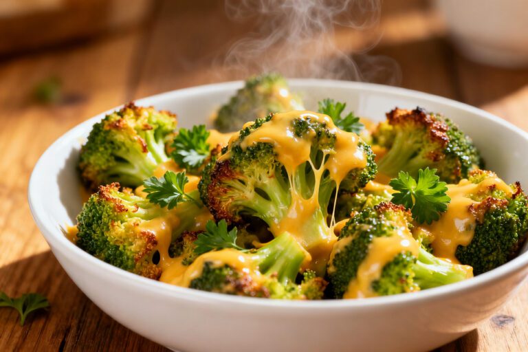 Air fryer broccoli and cheese with tender roasted broccoli florets, melted cheddar cheese, crispy caramelized edges, and fresh parsley garnish, served as a cheesy and flavorful vegetable side dish.
