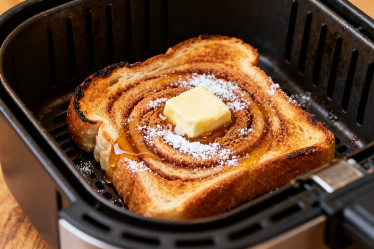 Cinnamon toast in the air fryer with crispy golden bread, swirls of cinnamon sugar, melted butter, powdered sugar, and toasted edges, cooked inside an air fryer basket.