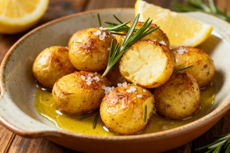 Petite potatoes cooked in the air fryer with crispy golden skins, fluffy tender centers, flaky sea salt, fresh rosemary, lemon wedges, and a drizzle of olive oil, served as an easy weeknight side dish.
