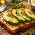 Air fryer avocado toast with crispy toasted bread, sliced avocado, flaky sea salt, cracked black pepper, and a drizzle of olive oil, served as a simple and satisfying breakfast.