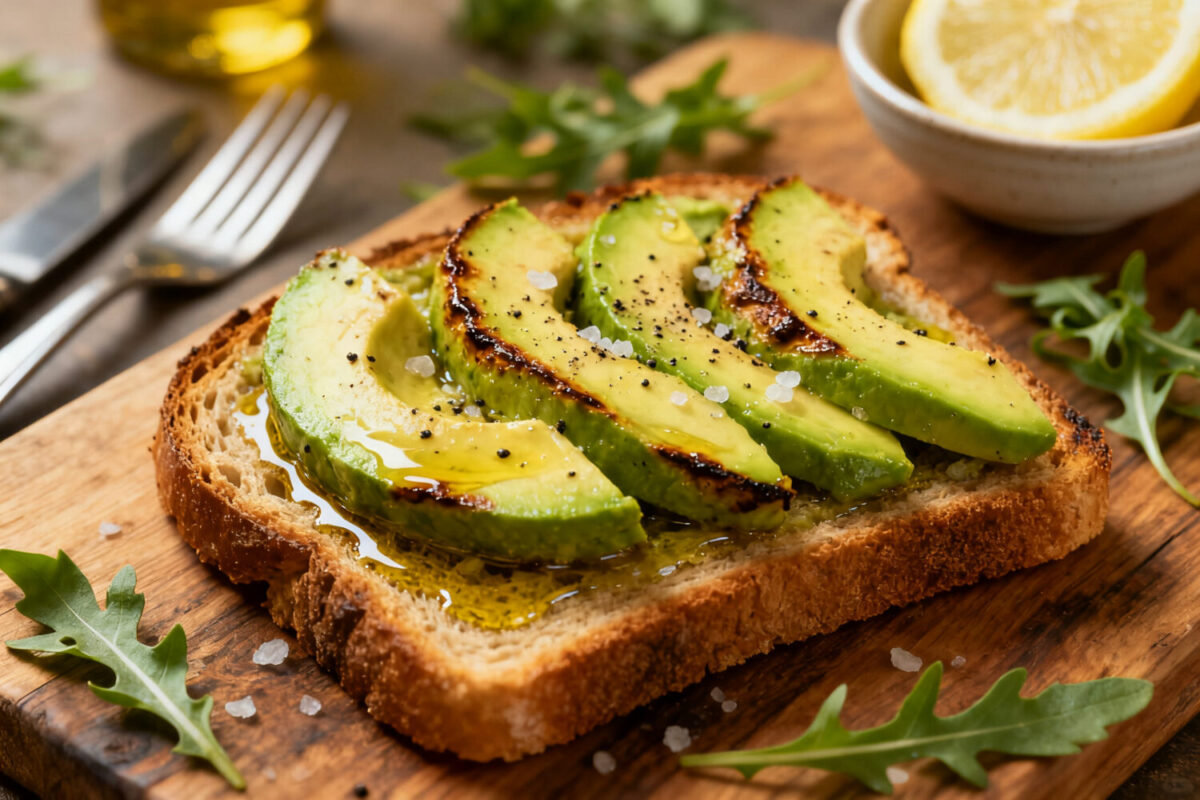 Air fryer avocado toast with crispy toasted bread, sliced avocado, flaky sea salt, cracked black pepper, and a drizzle of olive oil, served as a simple and satisfying breakfast.