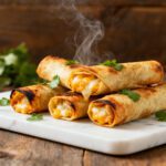 Air fryer cheese taquitos with crispy golden tortillas, gooey melted cheese filling, lightly charred edges, fresh cilantro, and lime wedges, served as a quick and cheesy appetizer or snack.