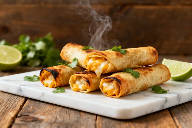 Air fryer cheese taquitos with crispy golden tortillas, gooey melted cheese filling, lightly charred edges, fresh cilantro, and lime wedges, served as a quick and cheesy appetizer or snack.