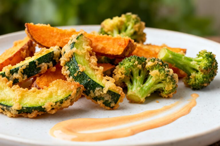 Air fryer tempura vegetables with crispy light batter, golden zucchini slices, broccoli florets, and sweet potato wedges, served with a creamy dipping sauce as a crunchy vegetable appetizer.