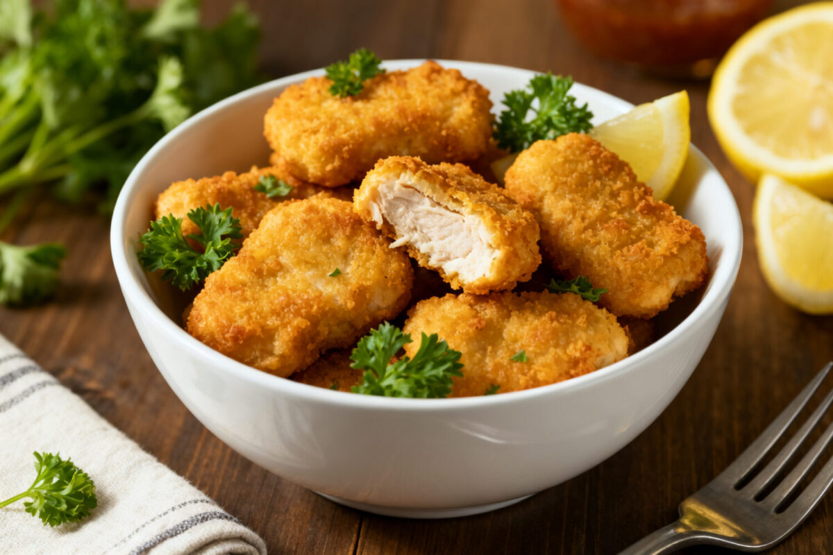 Air fryer naked chicken nuggets with a crispy golden exterior, juicy tender chicken inside, fresh parsley garnish, and lemon wedges, served as a simple high protein snack or meal.