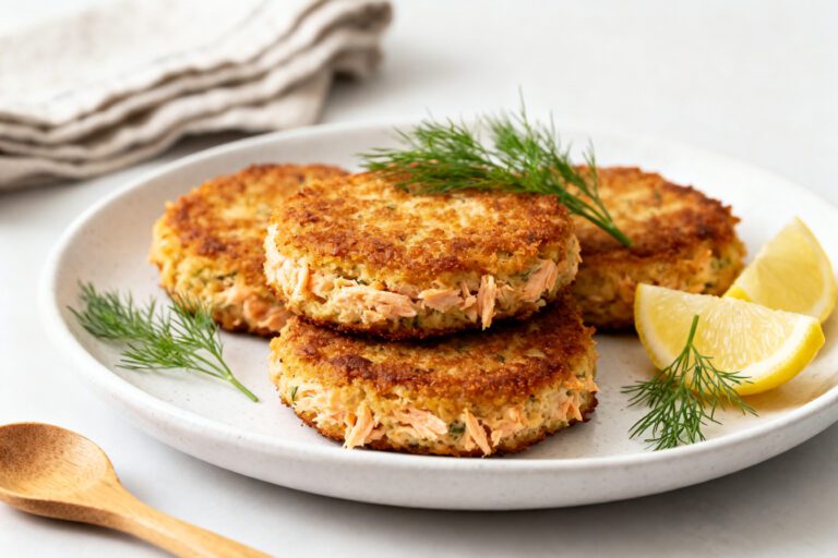 Air fryer canned salmon cakes with crispy golden brown crusts, tender flaky salmon, fresh dill, and lemon wedges, served as a budget friendly seafood meal or appetizer.