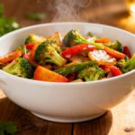 Air fryer stir fry vegetables with tender crisp broccoli, bell peppers, carrots, and green beans tossed in a savory glaze, served as a colorful and flavorful vegetable side dish.