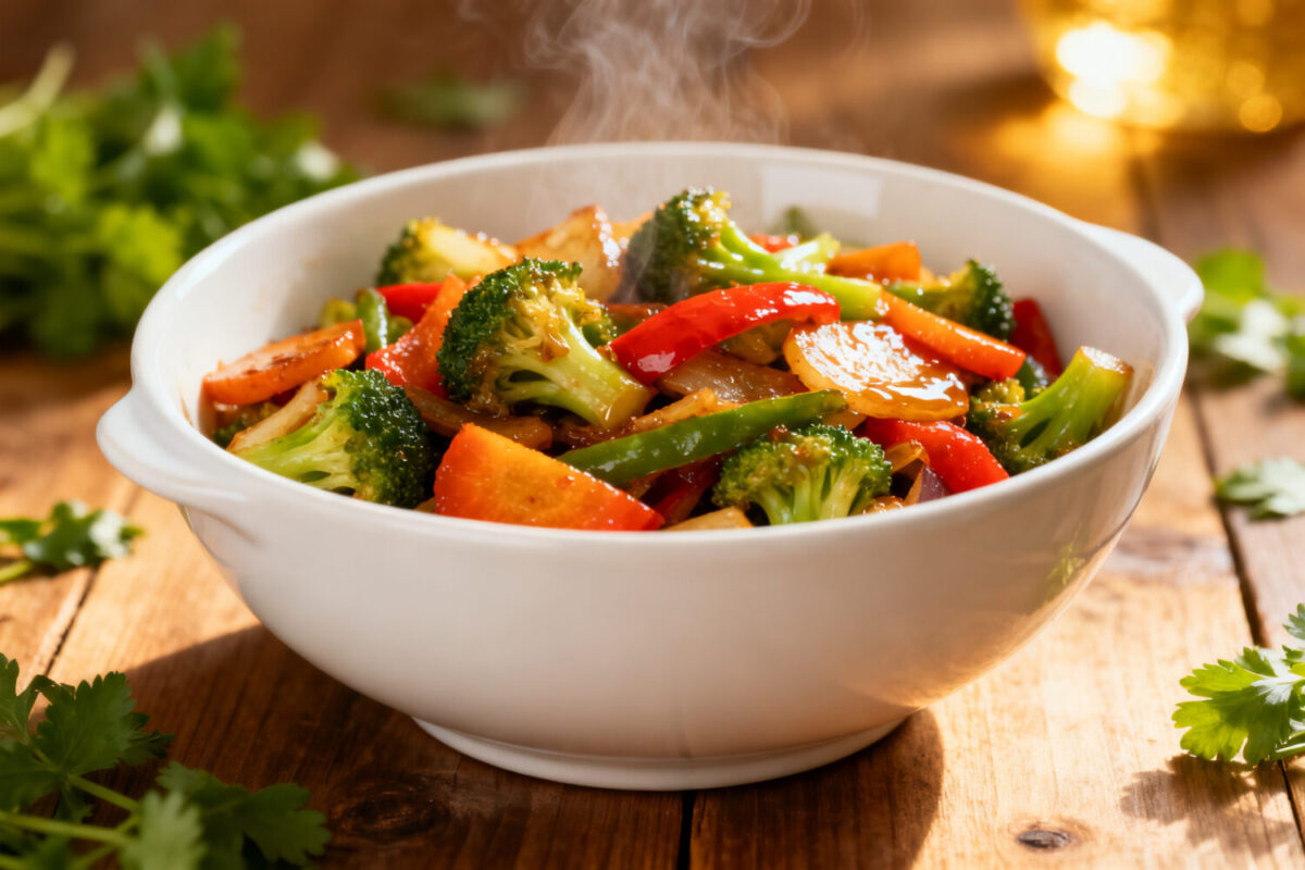 Air fryer stir fry vegetables with tender crisp broccoli, bell peppers, carrots, and green beans tossed in a savory glaze, served as a colorful and flavorful vegetable side dish.