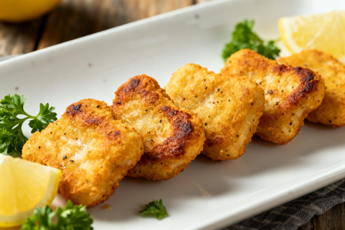 Frozen chicken nuggets cooked in the air fryer with a crispy golden brown coating, juicy tender chicken inside, and lightly seasoned crunchy edges, served with lemon wedges and fresh parsley.
