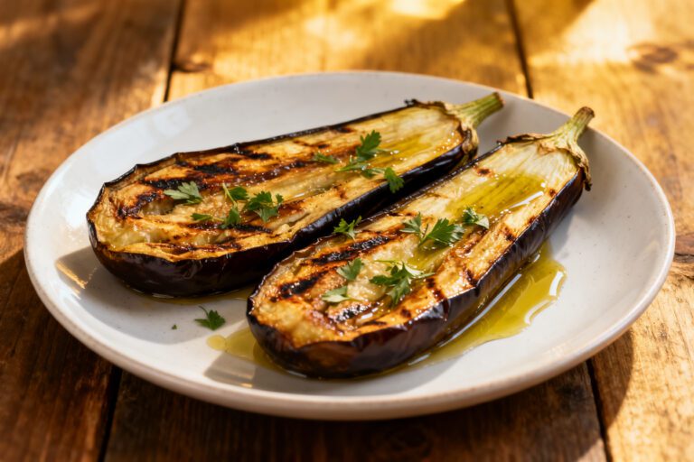 Air fryer roasted eggplant halves with tender creamy centers, lightly charred edges, olive oil, and fresh parsley garnish, served as a simple and flavorful vegetable side dish.
