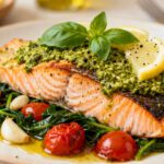 Air fryer pesto salmon with a flaky tender salmon fillet, vibrant basil pesto topping, fresh lemon slices, roasted cherry tomatoes, and wilted greens, served as a flavorful and healthy seafood dinner.
