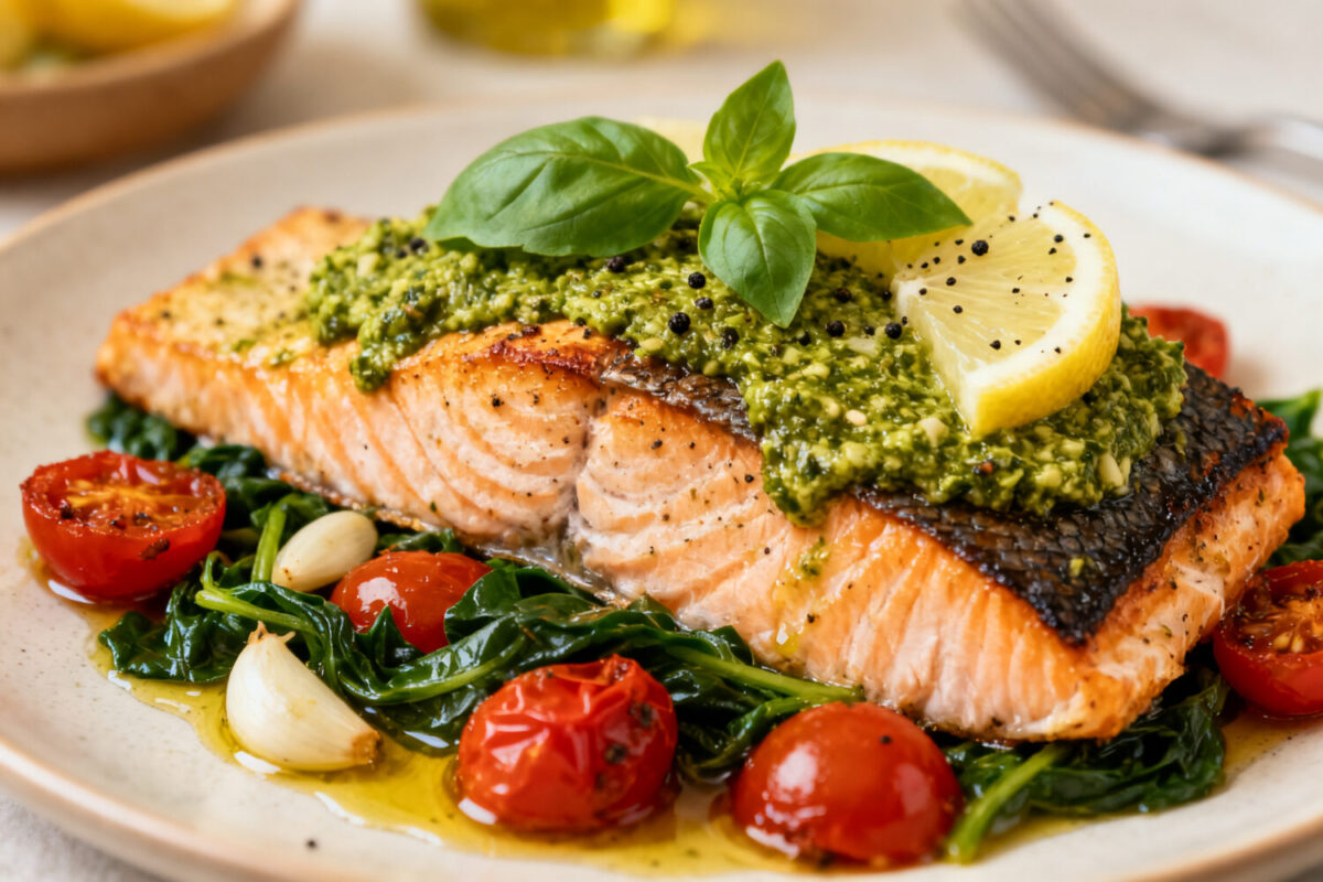 Air fryer pesto salmon with a flaky tender salmon fillet, vibrant basil pesto topping, fresh lemon slices, roasted cherry tomatoes, and wilted greens, served as a flavorful and healthy seafood dinner.