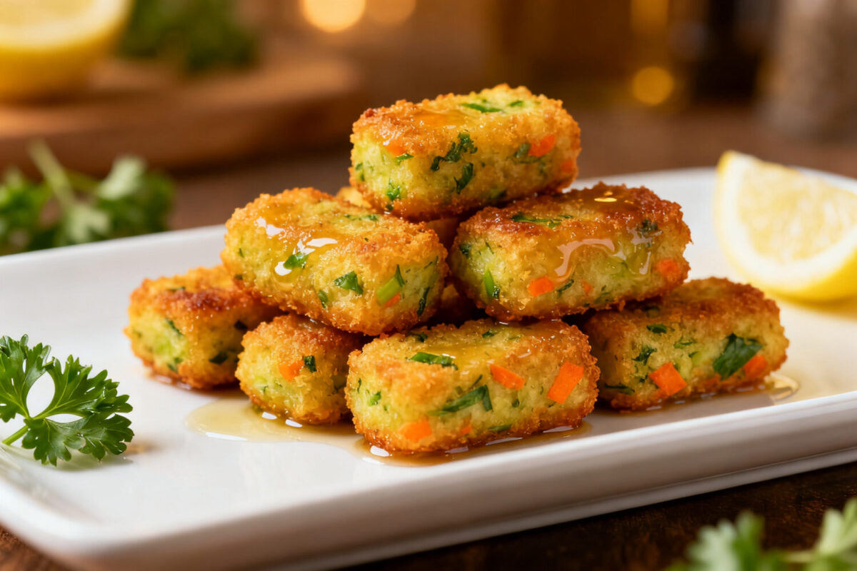 Air fryer veggie tots with crispy golden brown exteriors, colorful vegetable filled centers, fresh parsley garnish, and a lightly crunchy texture, served as a family friendly snack or side dish.