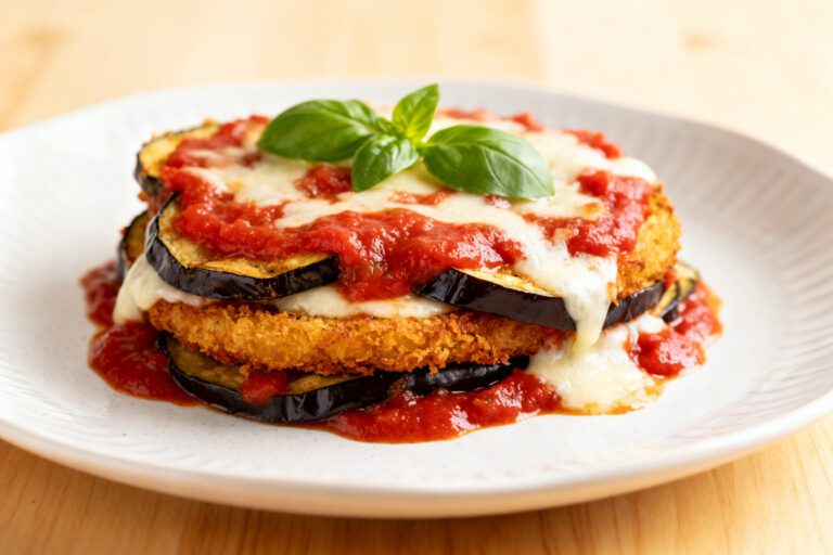 Air fryer eggplant Parmesan with crispy breaded eggplant slices layered with rich marinara sauce, melted mozzarella cheese, and fresh basil, served as a lighter Italian inspired dinner.