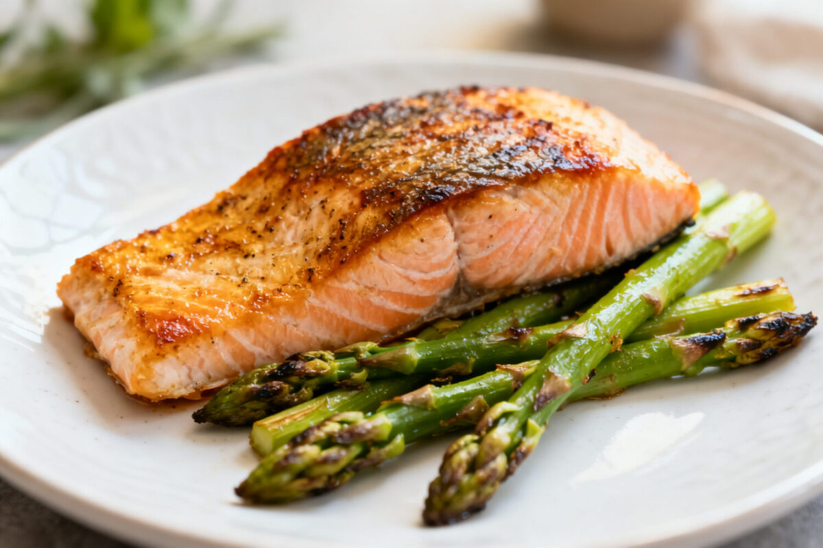 Air fryer salmon and asparagus with a flaky seasoned salmon fillet, tender roasted asparagus spears, and lightly charred edges, served as a quick and flavorful weeknight dinner.