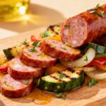 Air fryer smoked sausage and vegetables with sliced smoked sausage, zucchini, bell peppers, onions, and fresh herbs, roasted until caramelized and flavorful for an easy weeknight meal.