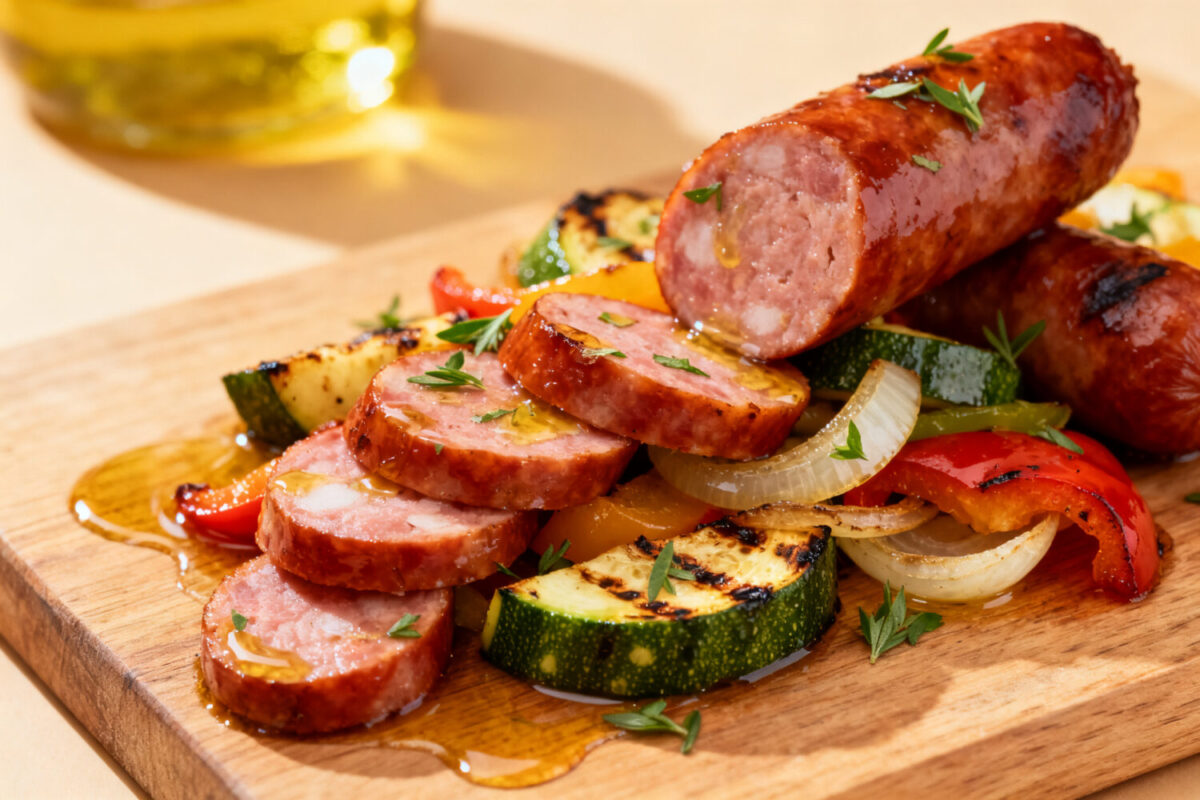 Air fryer smoked sausage and vegetables with sliced smoked sausage, zucchini, bell peppers, onions, and fresh herbs, roasted until caramelized and flavorful for an easy weeknight meal.