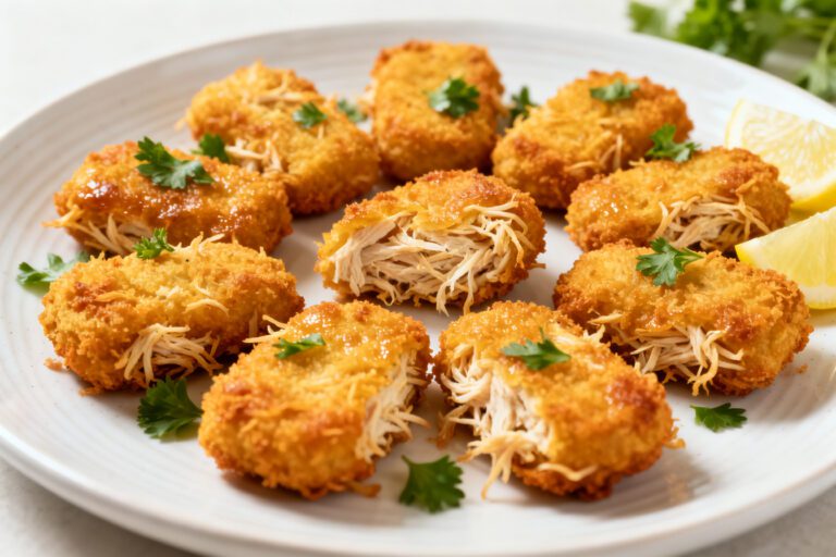 Air fryer shredded chicken nuggets with a crispy golden coating, juicy shredded chicken filling, fresh parsley garnish, and lemon wedges, served as an easy high protein snack or family friendly meal.