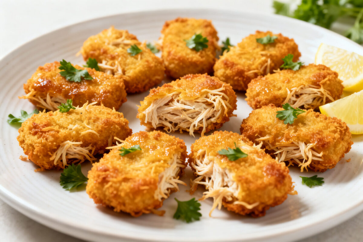 Air fryer shredded chicken nuggets with a crispy golden coating, juicy shredded chicken filling, fresh parsley garnish, and lemon wedges, served as an easy high protein snack or family friendly meal.