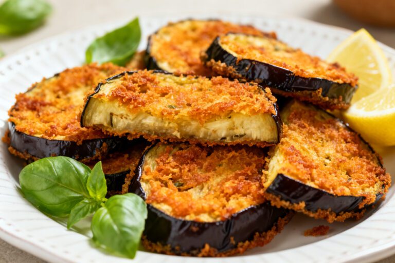 Air fryer crispy eggplant slices with a golden crunchy breadcrumb coating, tender creamy interior, fresh basil leaves, and lemon wedges, served as a light and flavorful appetizer or side dish.
