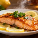 Air fryer honey lemon salmon with a flaky tender salmon fillet, glossy honey lemon glaze, fresh parsley garnish, and lemon slices, served as a flavorful and healthy seafood dinner.