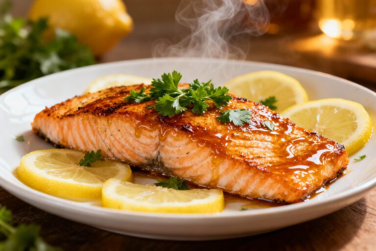 Air fryer honey lemon salmon with a flaky tender salmon fillet, glossy honey lemon glaze, fresh parsley garnish, and lemon slices, served as a flavorful and healthy seafood dinner.