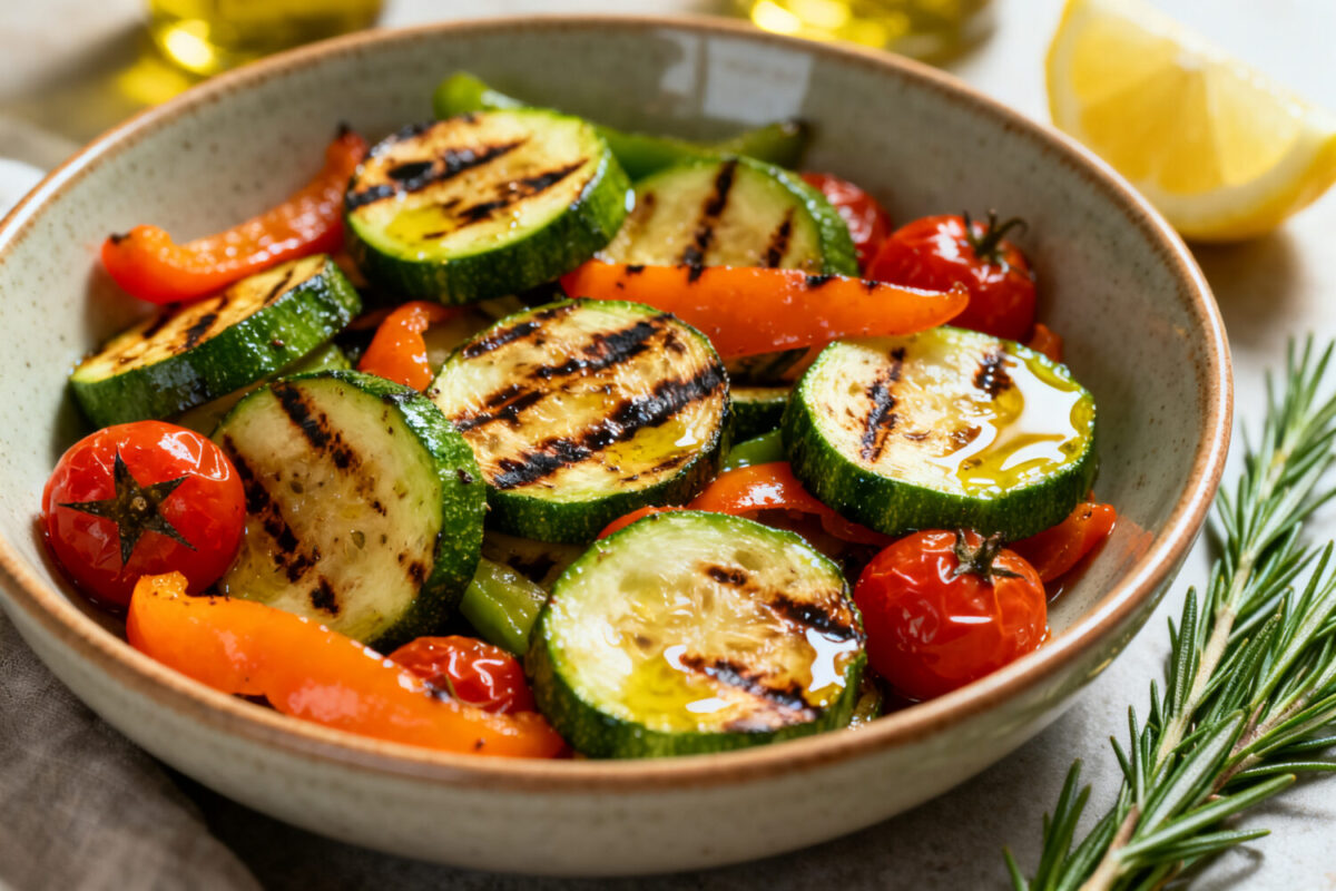 Air fryer grilled vegetables with zucchini, bell peppers, and cherry tomatoes featuring smoky grill marks, tender crisp texture, fresh herbs, and a light olive oil drizzle, served as a colorful and flavorful side dish.