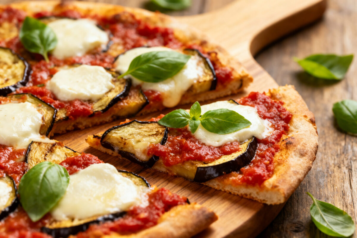 Air fryer eggplant pizza with crispy pizza crust, roasted eggplant slices, rich tomato sauce, melted mozzarella cheese, and fresh basil leaves, served as a satisfying vegetarian meal.