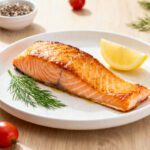 Air fryer low sodium salmon with a flaky tender salmon fillet, fresh dill, lemon wedge, and simple seasonings, served as a heart healthy seafood meal with clean and balanced flavors.