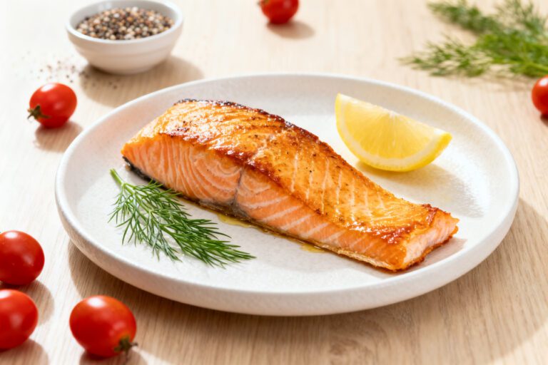 Air fryer low sodium salmon with a flaky tender salmon fillet, fresh dill, lemon wedge, and simple seasonings, served as a heart healthy seafood meal with clean and balanced flavors.