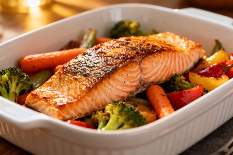 Air fryer salmon and vegetables with a flaky seasoned salmon fillet, roasted broccoli, carrots, and bell peppers, served as a colorful and flavorful one pan weeknight dinner.