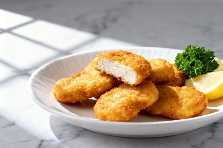 Air fryer chicken nuggets without breading with juicy tender chicken, a lightly golden seasoned exterior, fresh parsley garnish, and lemon wedges, served as a simple high protein meal.