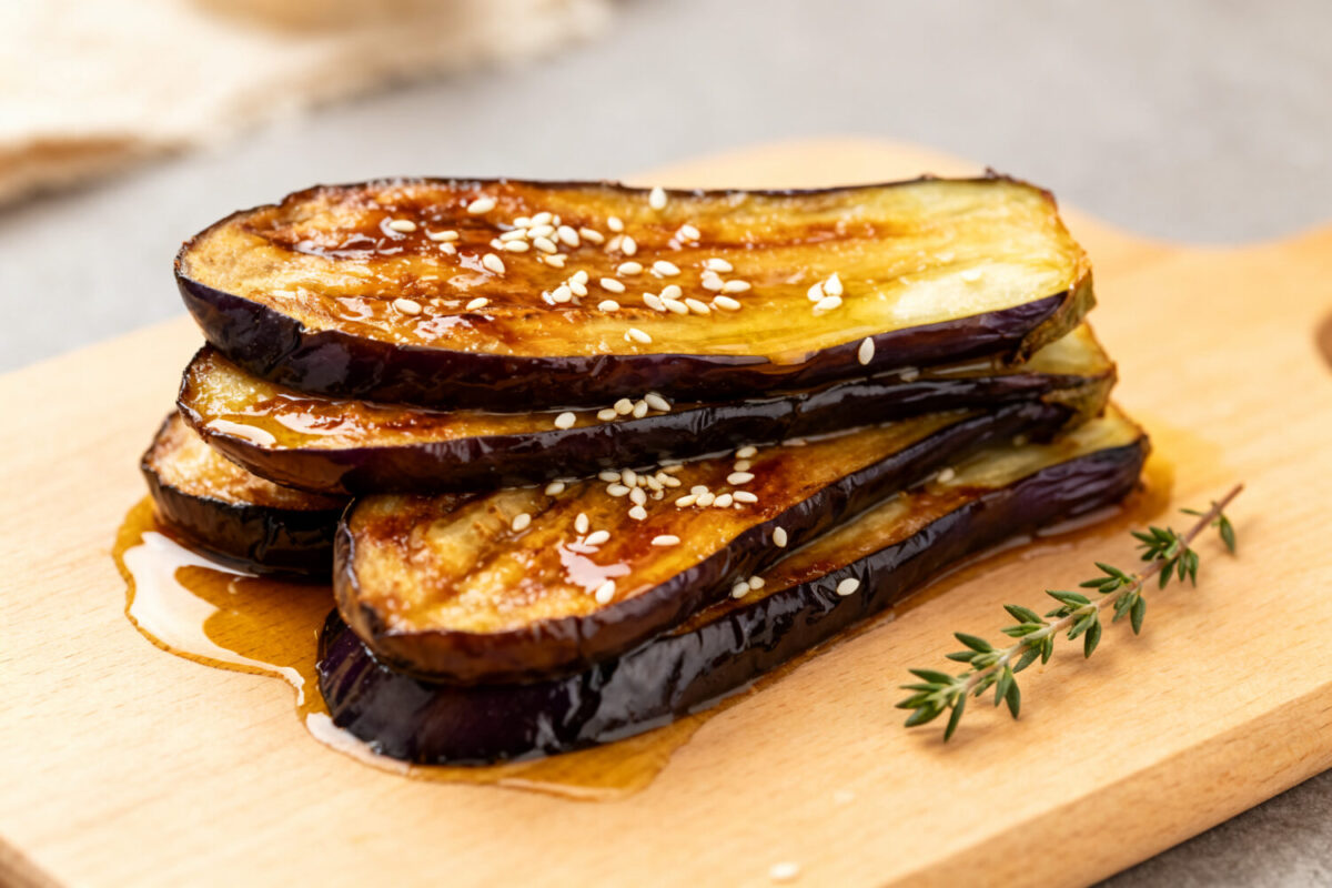 Air fryer Japanese eggplant with tender roasted eggplant slices, a glossy savory glaze, toasted sesame seeds, and caramelized edges, served as a flavorful Asian inspired vegetable side dish.