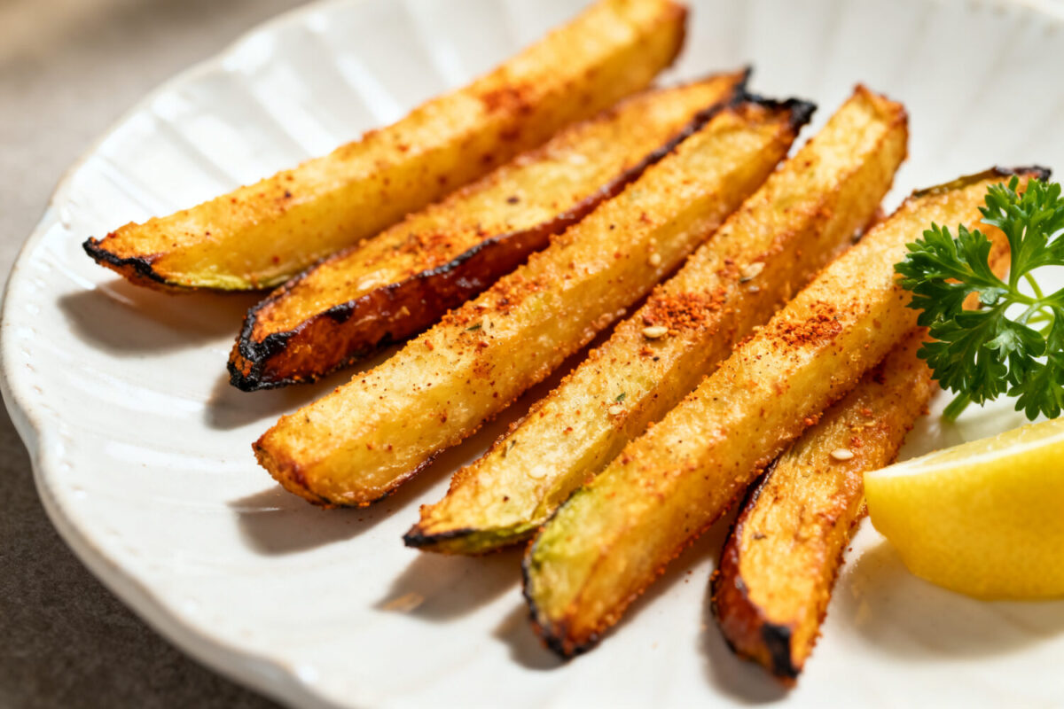 Air fryer veggie fries with crispy golden vegetable sticks, lightly seasoned coating, caramelized edges, fresh parsley garnish, and a lemon wedge, served as a colorful and healthy side dish.