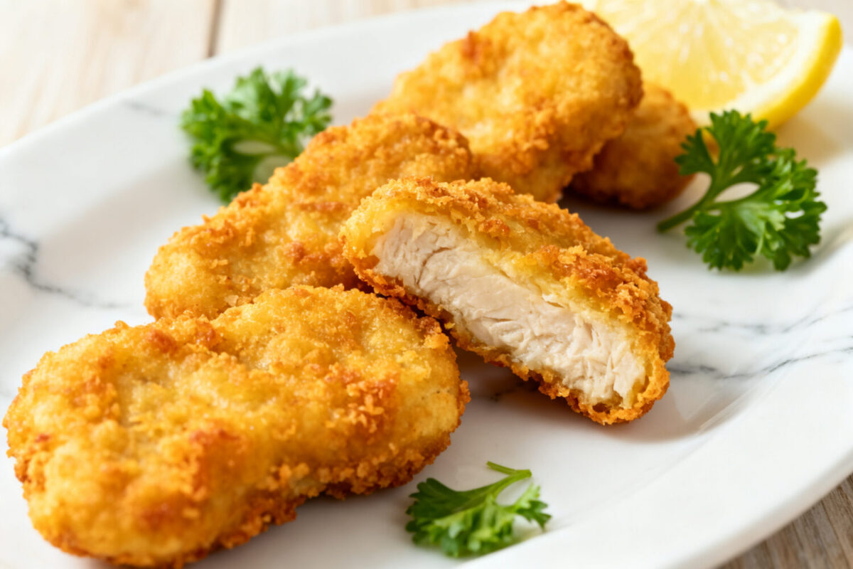 Air fryer crispy chicken nuggets with a crunchy golden breadcrumb coating, juicy tender chicken inside, fresh parsley garnish, and lemon wedges, served as an easy family friendly meal or snack.
