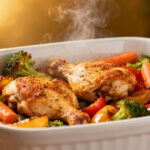Air fryer chicken and vegetables with juicy roasted chicken, tender broccoli, carrots, bell peppers, and onions, cooked together in one dish for a flavorful and easy weeknight dinner.