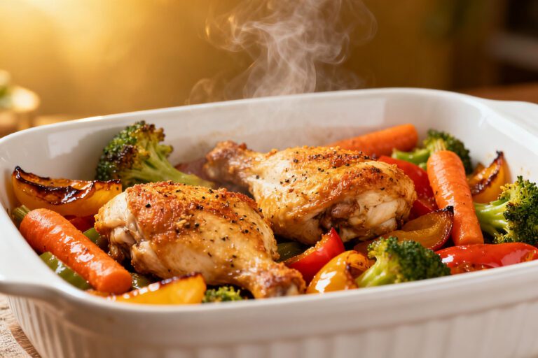 Air fryer chicken and vegetables with juicy roasted chicken, tender broccoli, carrots, bell peppers, and onions, cooked together in one dish for a flavorful and easy weeknight dinner.