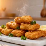 Air fryer McDonalds style chicken nuggets with a crispy golden breadcrumb coating, juicy tender chicken inside, fresh parsley garnish, and lemon wedges, served as a homemade fast food favorite.