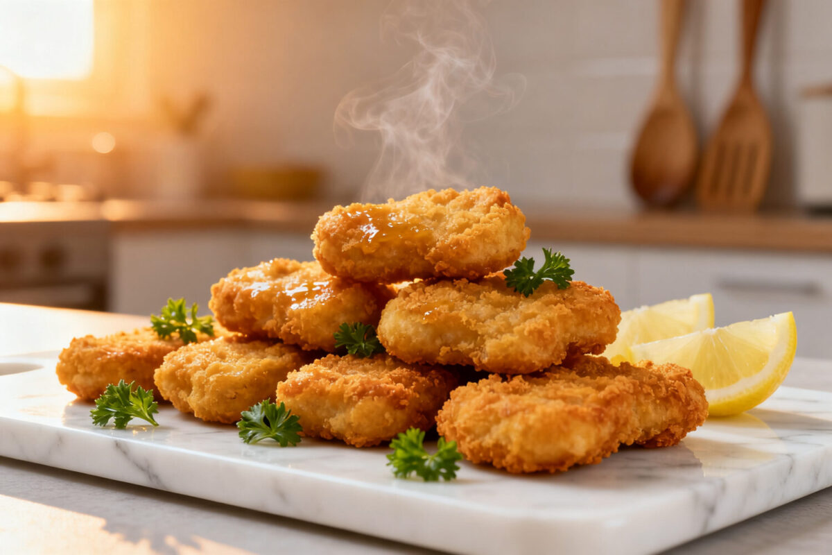 Air fryer McDonalds style chicken nuggets with a crispy golden breadcrumb coating, juicy tender chicken inside, fresh parsley garnish, and lemon wedges, served as a homemade fast food favorite.