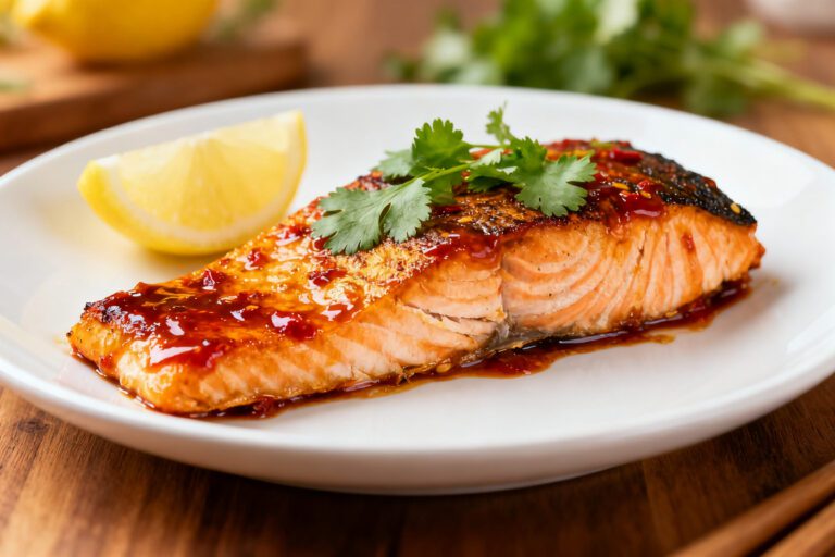 Air fryer sweet chili salmon with a flaky tender salmon fillet, glossy sweet chili glaze, fresh cilantro garnish, and lemon wedge, served as a flavorful and easy weeknight seafood dinner.