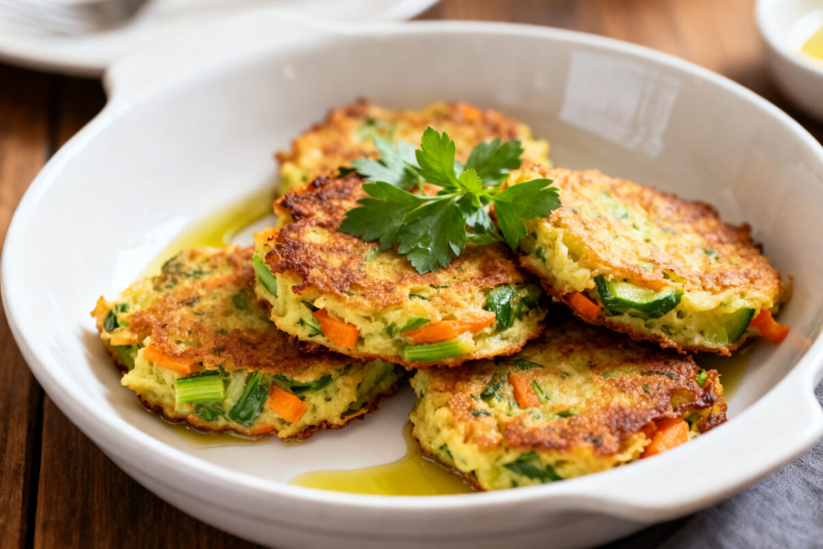 Air fryer veggie fritters with crispy golden edges, tender vegetable filled centers, shredded zucchini and carrots, fresh parsley garnish, and a light drizzle of olive oil, served as a healthy appetizer or side dish.
