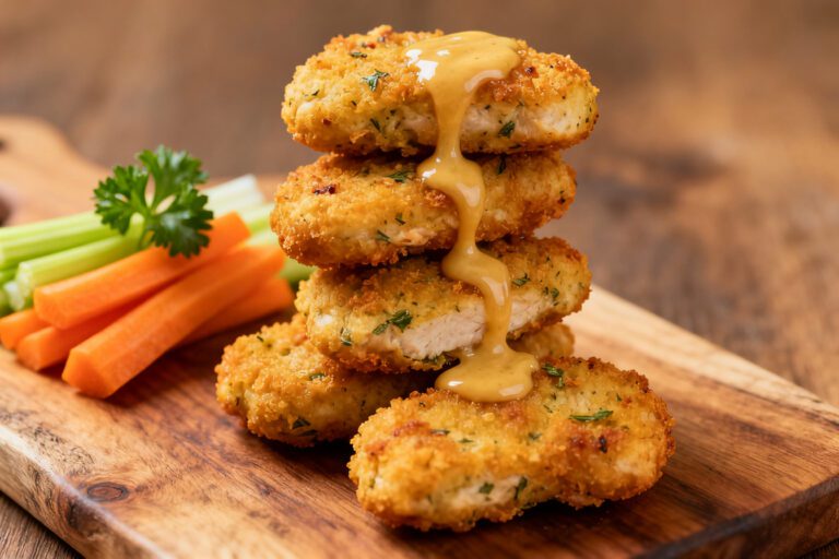 Air fryer paleo chicken nuggets with a crispy golden coating, juicy tender chicken inside, creamy dipping sauce, fresh parsley, and carrot and celery sticks, served as a healthy grain free meal.