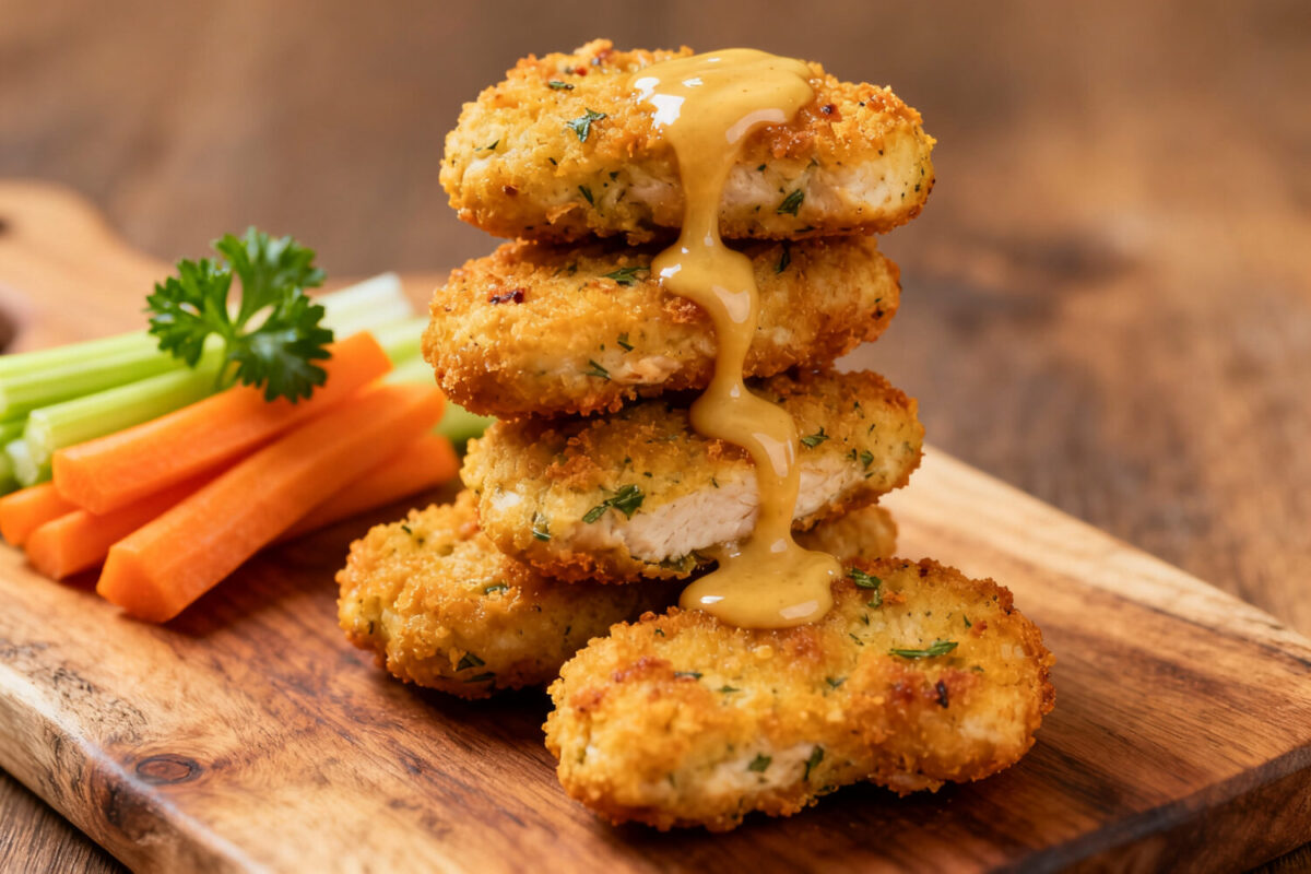 Air fryer paleo chicken nuggets with a crispy golden coating, juicy tender chicken inside, creamy dipping sauce, fresh parsley, and carrot and celery sticks, served as a healthy grain free meal.
